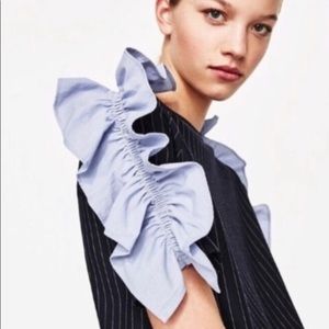 Zara blue ruffled sleeves , black pinstriped dress